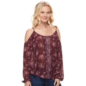 Rewind Cold Shoulder Floral Top Burgundy Wine